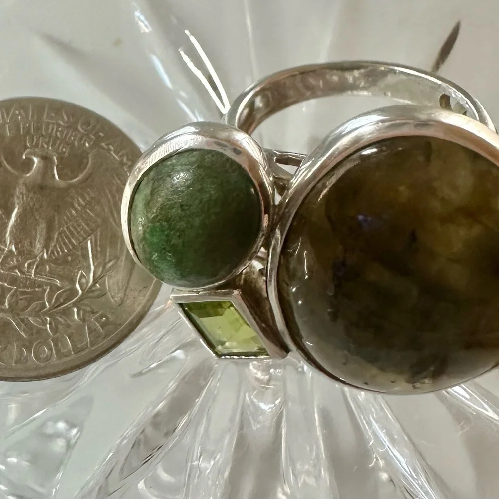 Elegant Labradorite, Peridot, Green Turquoise 925 Silver Cocktail Artisan Ring - Picture 8 of 15